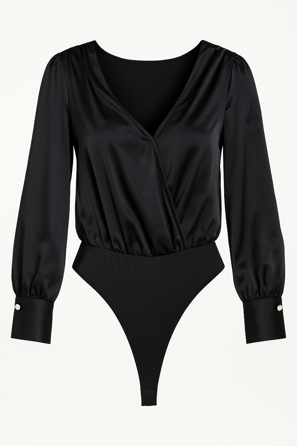 Marc New York Black Satin Wrap Bodysuit – Puff Sleeves, Size Large