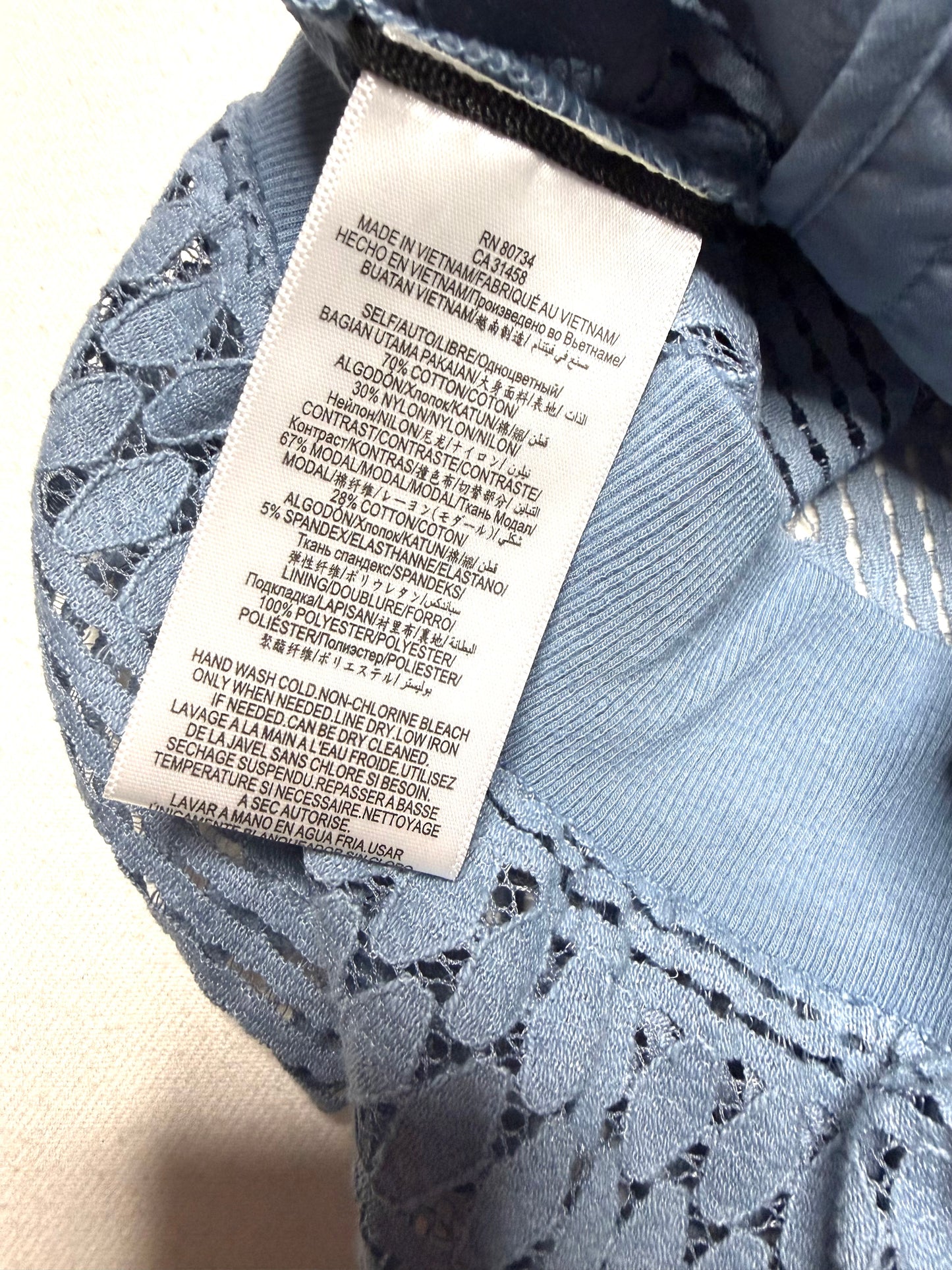 BCBG Max Azria Blue Crochet Lace Bomber Jacket Women’s S Lightweight Zip Up Sheer Textured Jacket