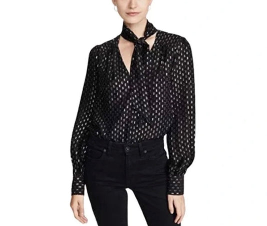 Paige Black & Silver Bow Tie Blouse – Long Sleeve, 90% Silk, Size Small
