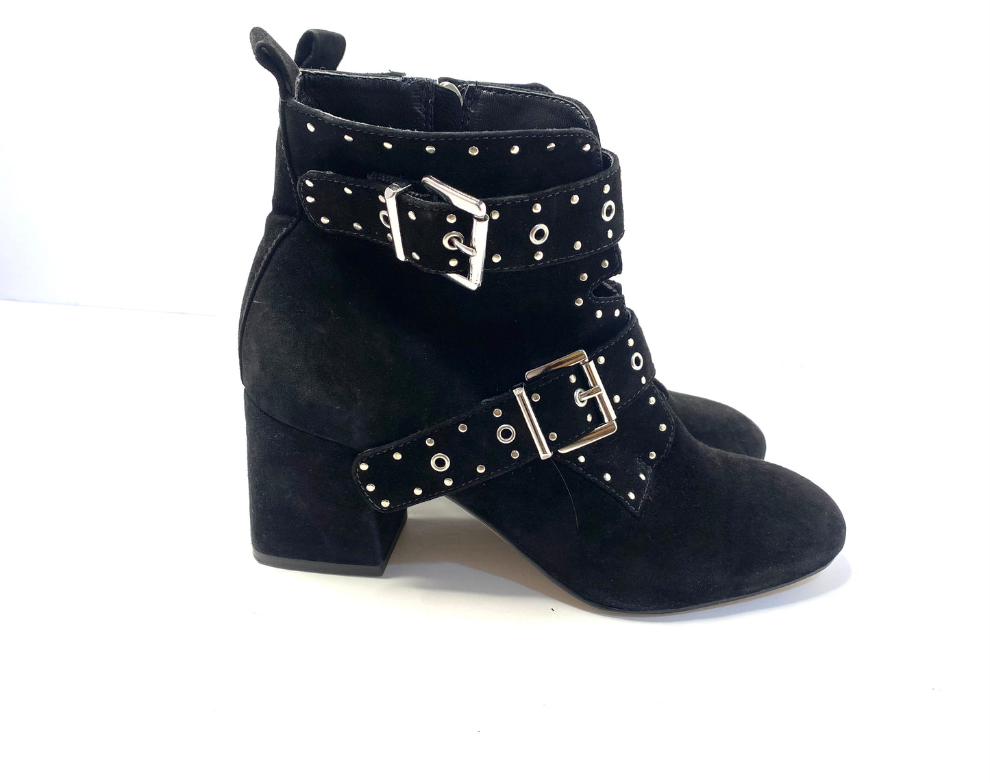 R ebecca Minkoff Black Suede Ankle Boots – Size 8.5 – Silver Buckles
