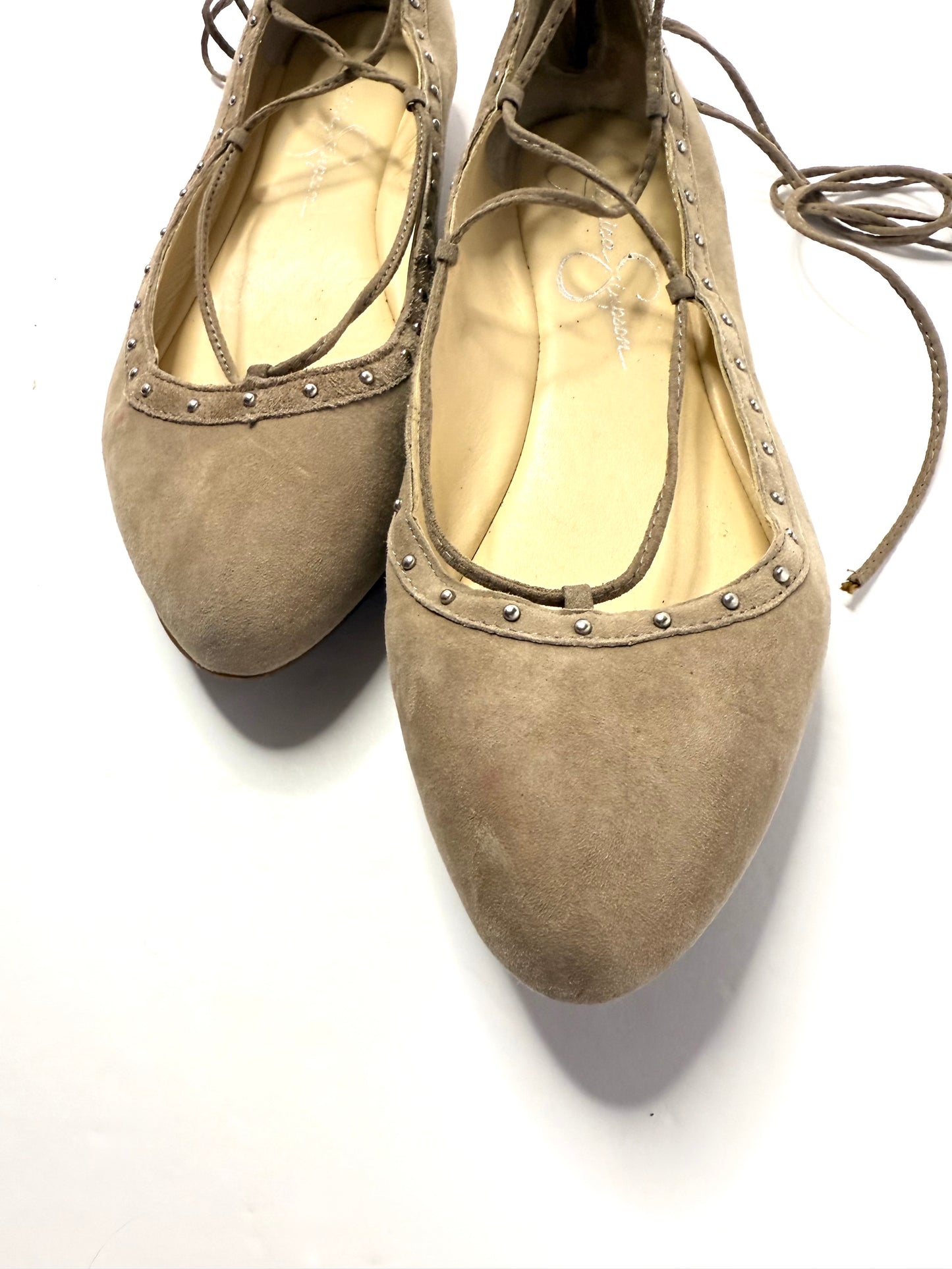 Jessica Simpson Libra Lace-Up Ballerina Flats – Tan Nubuck with Stud Trim, Size 7