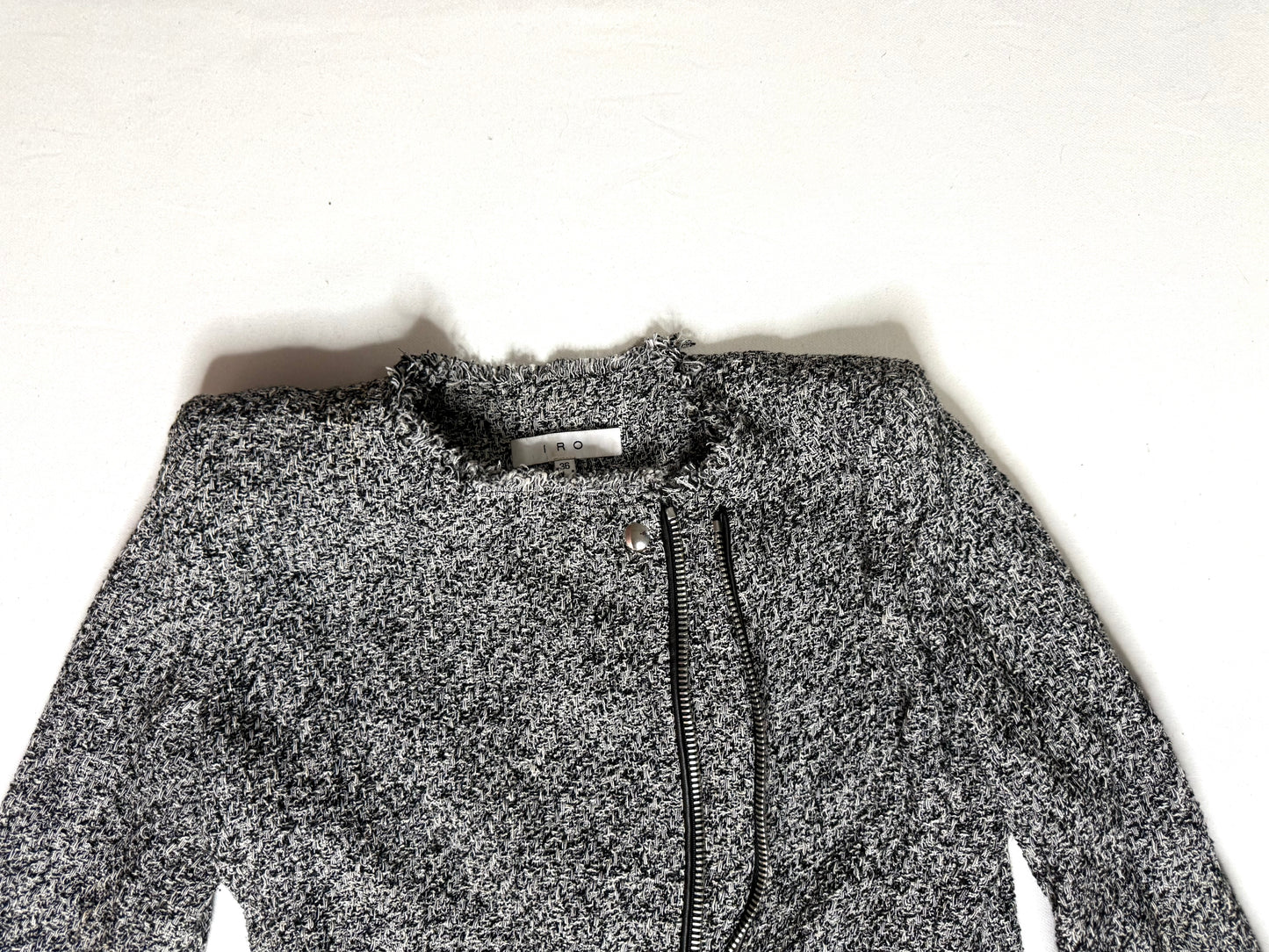 IRO Carlota Tweed Bouclé Asymmetrical Zip Jacket Gray Frayed Trim Size 36 (4)
