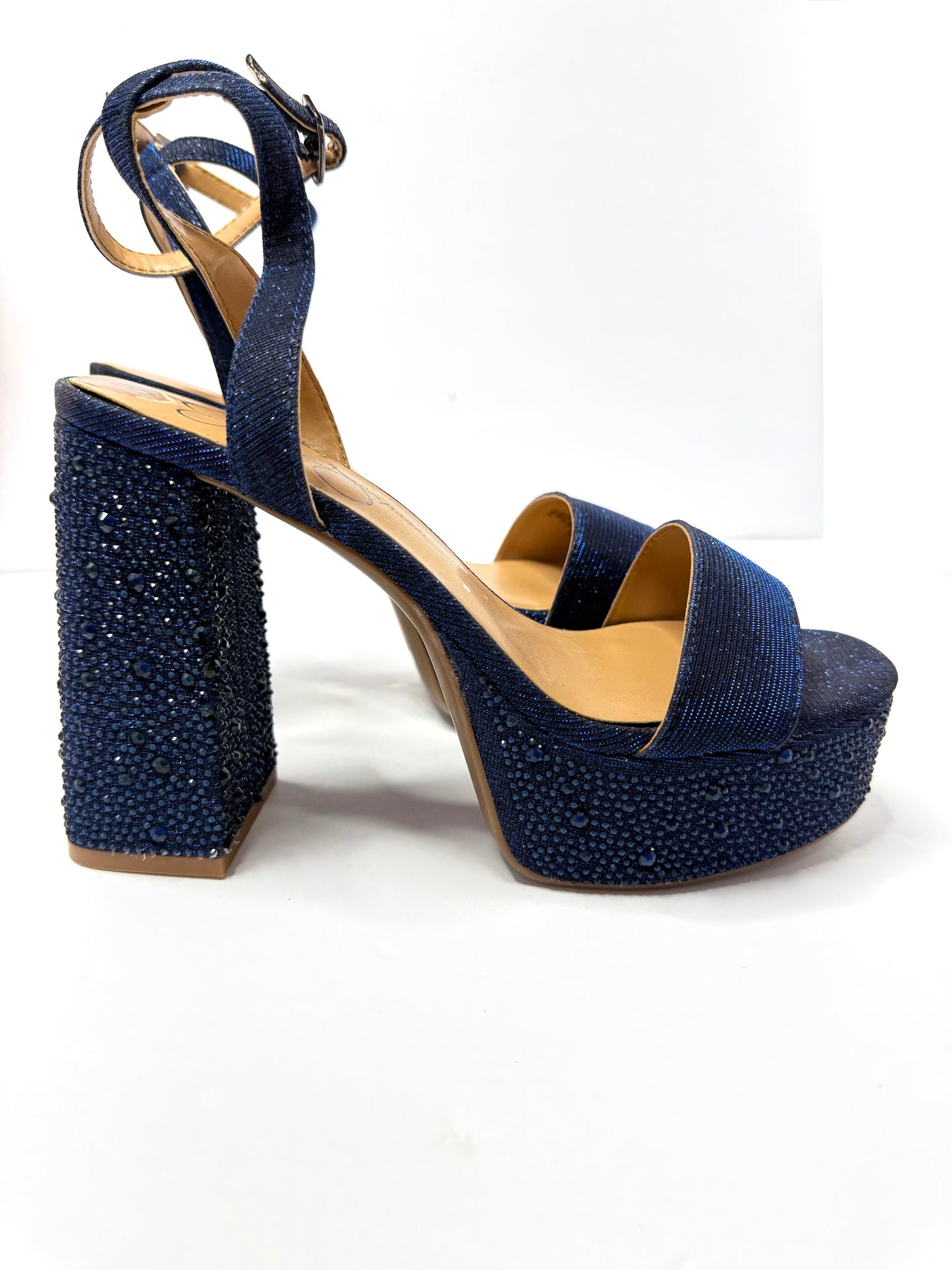 Jessica Simpson Metallic Blue Platform Sandals – Rhinestone Ankle Strap, Chunky Heel, Size 8, NWT