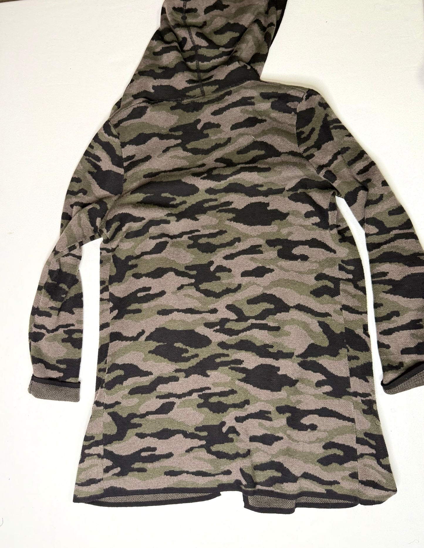 Rachel Zoe Camo Hooded Cardigan Sweater Green Brown Open Front Size Large