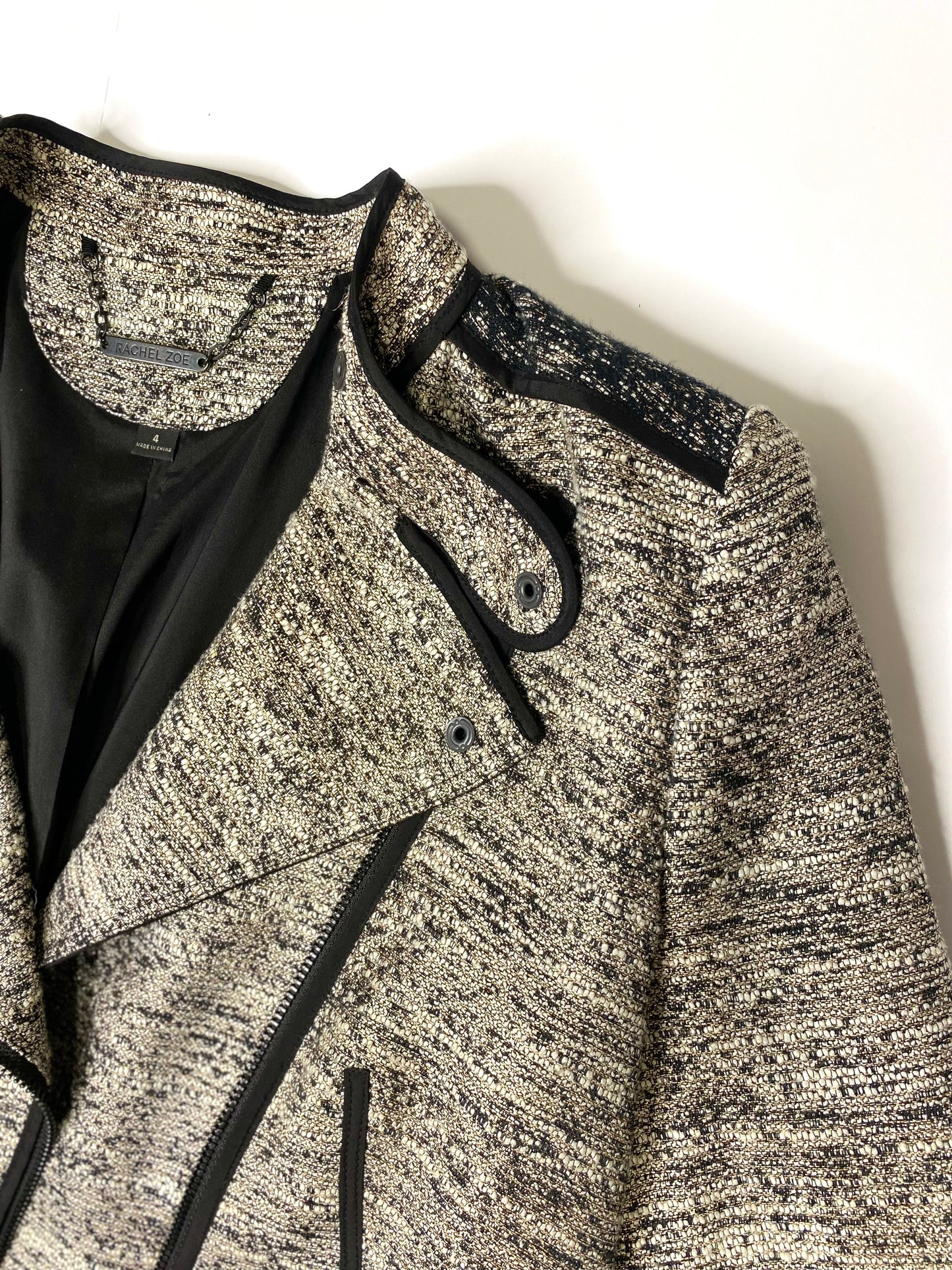 Rachel Zoe Davenport Metallic Tweed Jacket Size 4 | Designer Moto Blazer | Gold & Black Statement Outerwear