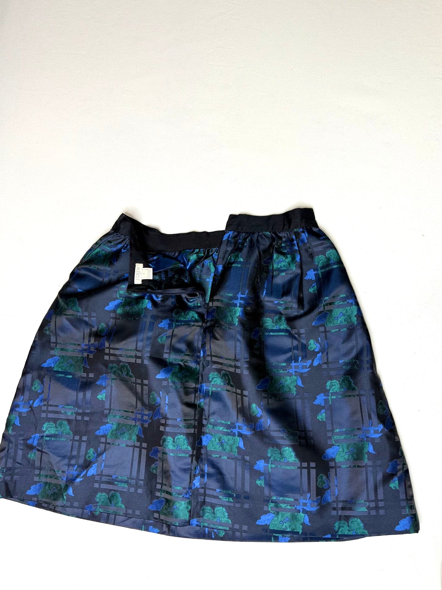 J. Crew Navy and Teal Floral Plaid Jacquard A-Line Mini Skirt w Pockets Size 4