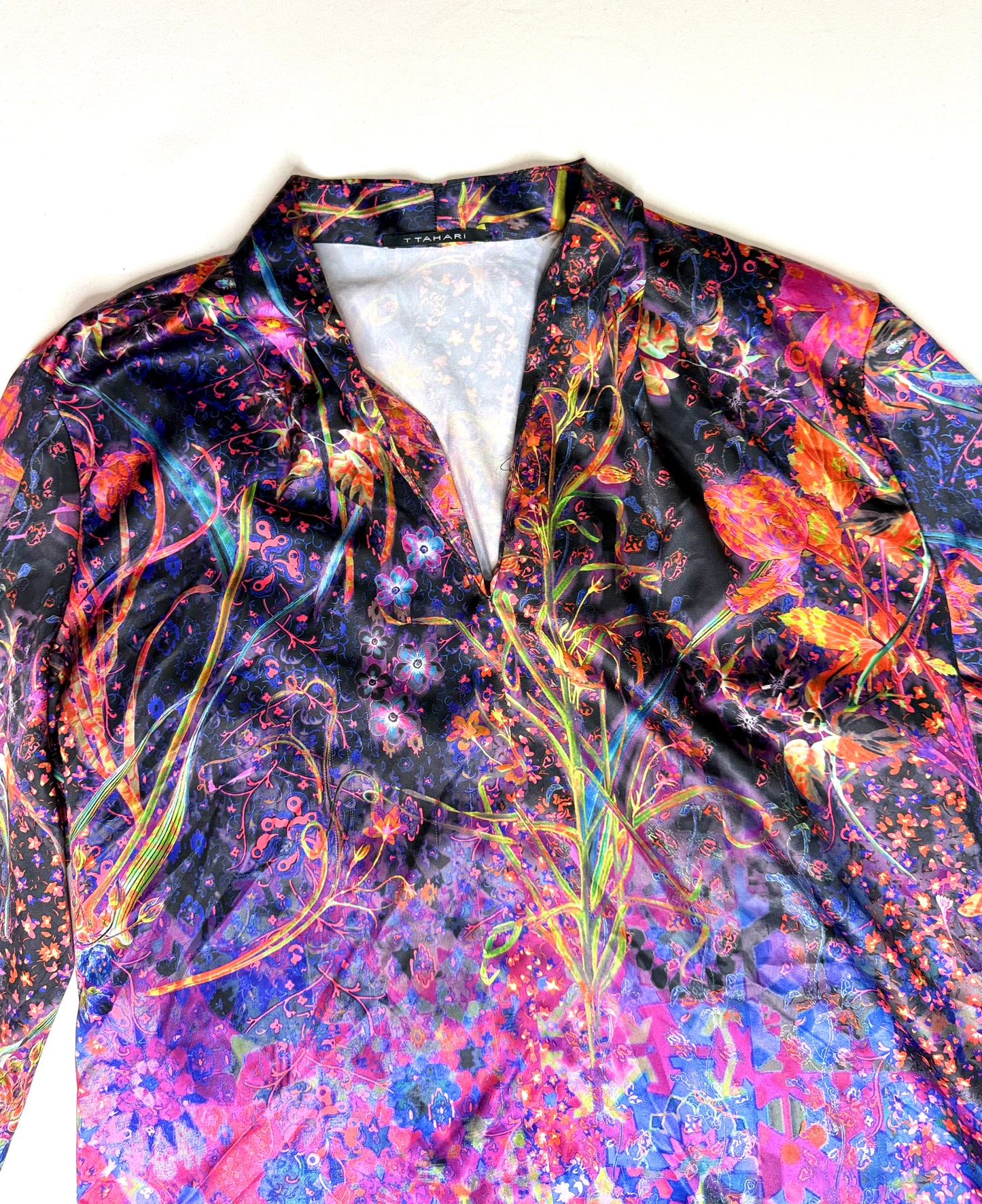 Tahari Abstract Floral Print Long Sleeve Blouse Size Large