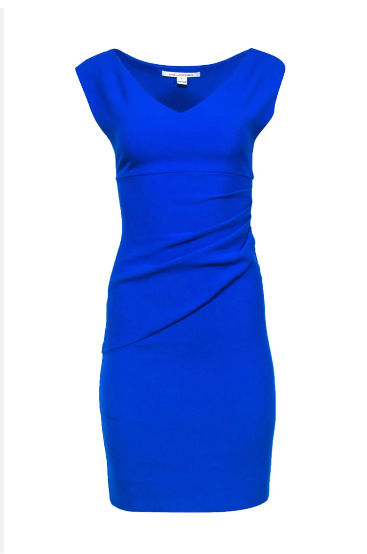 DVF Cobalt Blue Sheath Dress Size Small | V-Neck Ruched Waist | Side Zipper Closure