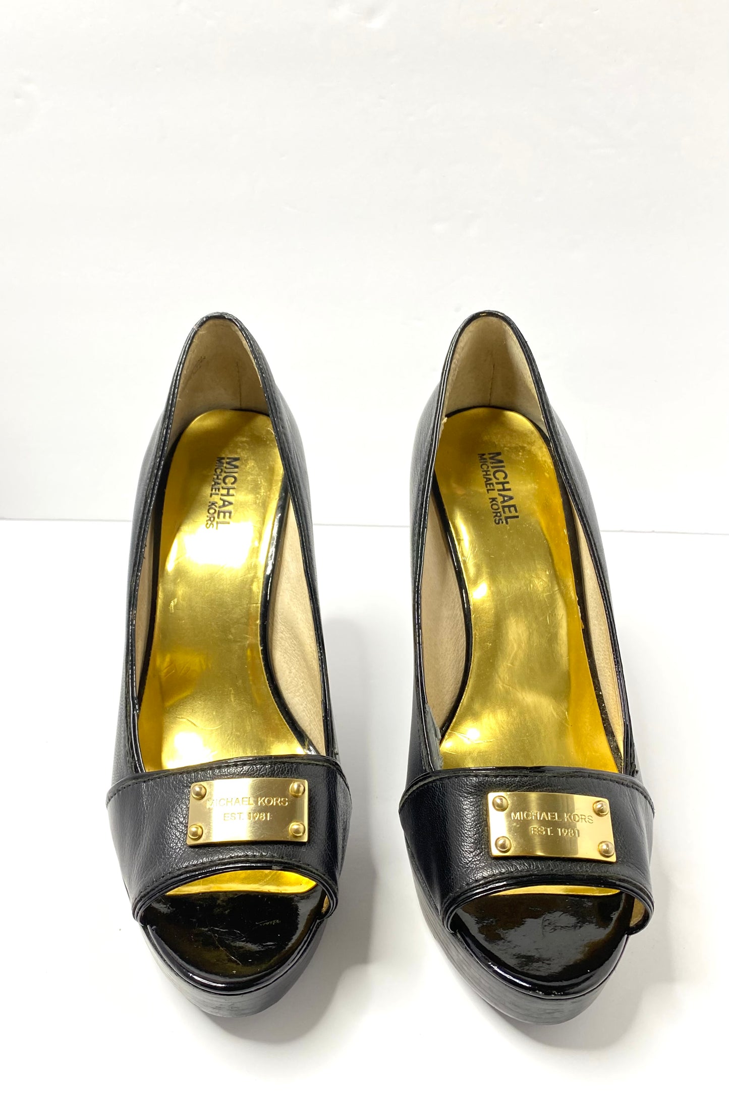 Michael Kors Black Leather Open-Toe Pumps – Size 11 – Gold Logo Plate – 3.75” Heel – Classic Style