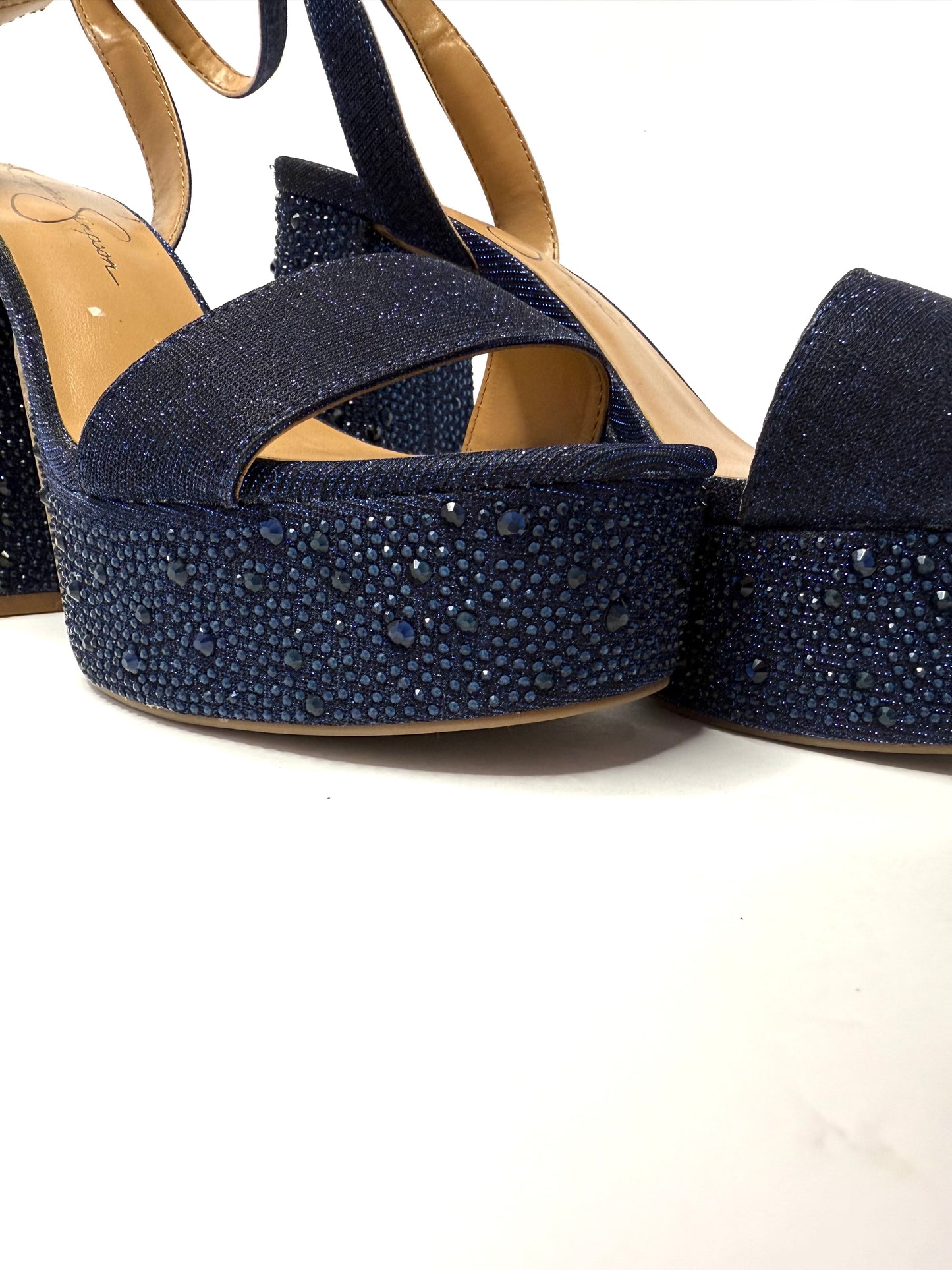 Jessica Simpson Metallic Blue Platform Sandals – Rhinestone Ankle Strap, Chunky Heel, Size 8, NWT