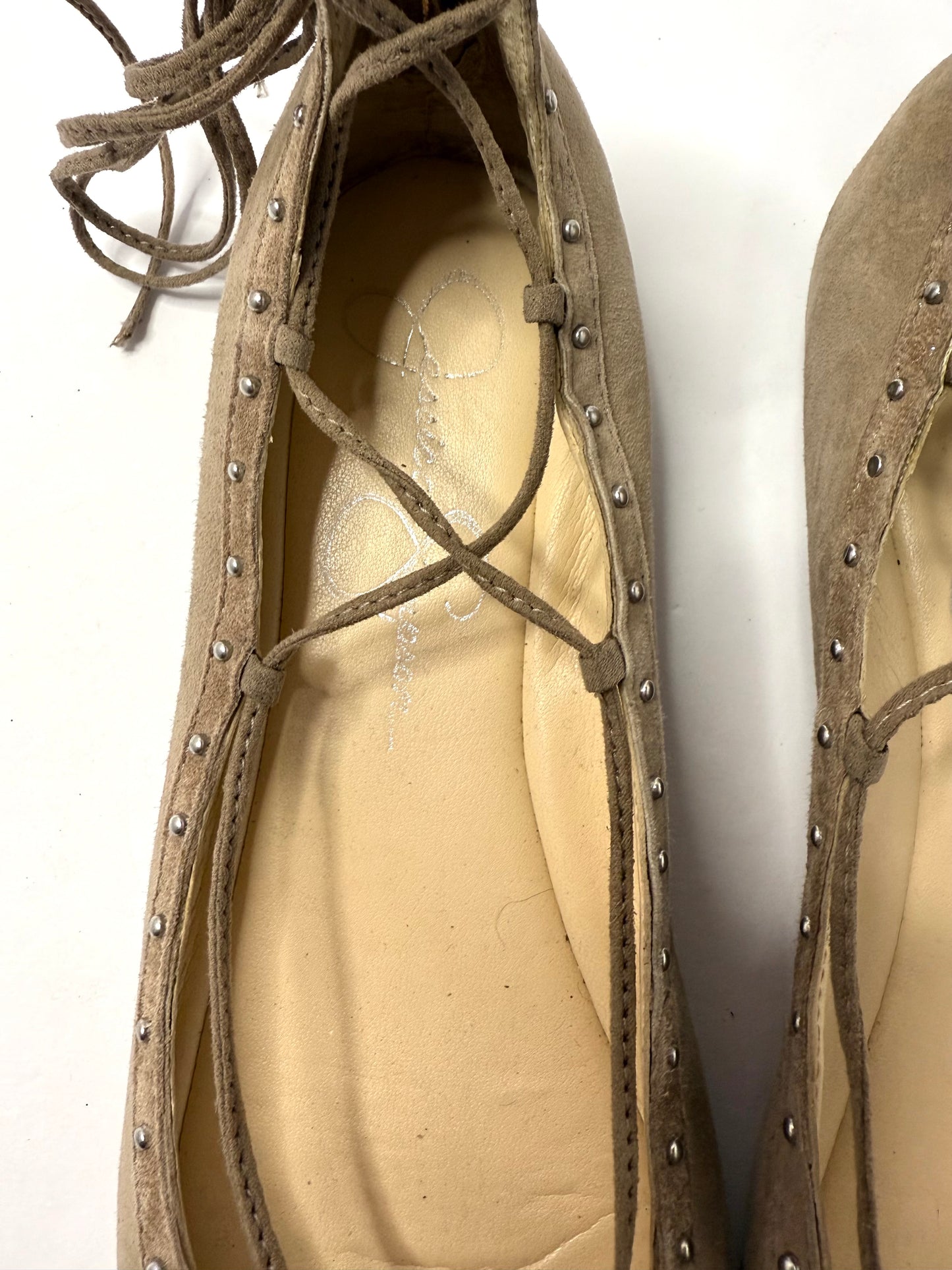 Jessica Simpson Libra Lace-Up Ballerina Flats – Tan Nubuck with Stud Trim, Size 7