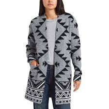 Frye Women’s Long Sleeve Tribal Print Open Front Cardigan – Grey & Black Size Medium