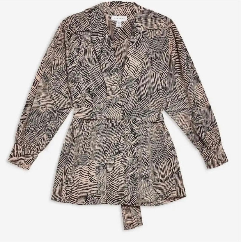 Top Shop Long Sleeve Blouse Size 4 | Animal Print | Bow Tie Waist Belt