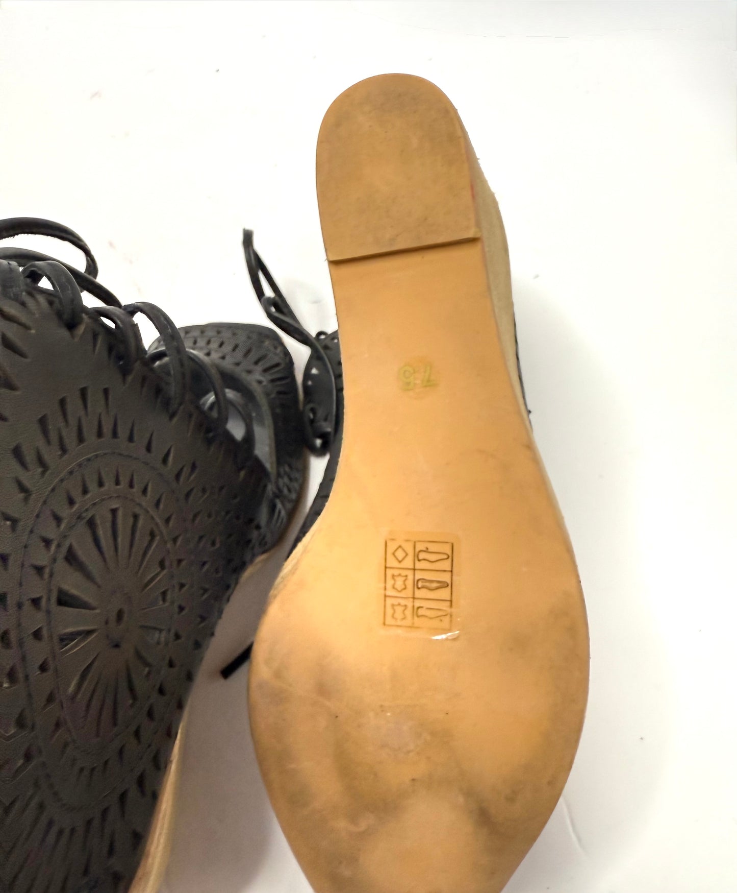 Jeffrey Campbell Boho Black Leather Peep Toe Wedges – Size 7.5 Lace-Up Cutout Sandals 3” Heel