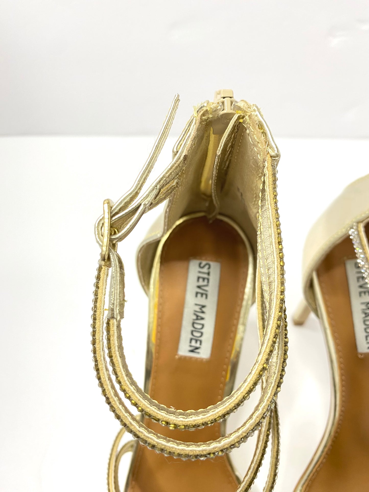 Steve Madden Gold Rhinestone Embellished Stiletto Heels – Size 8 – Open Toe – 4” Heel