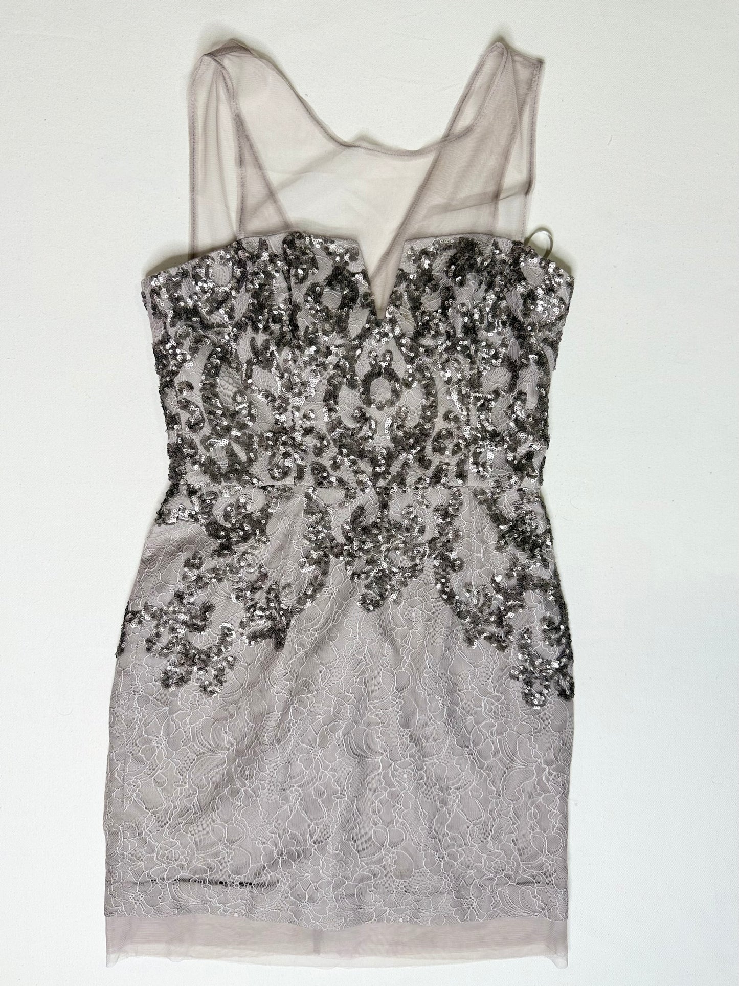 BCBGMAXAZRIA Abigail Sequin Lace Cocktail Mini Dress Gray Silver Size 6