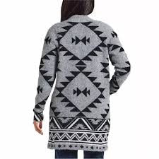 Frye Women’s Long Sleeve Tribal Print Open Front Cardigan – Grey & Black Size Medium