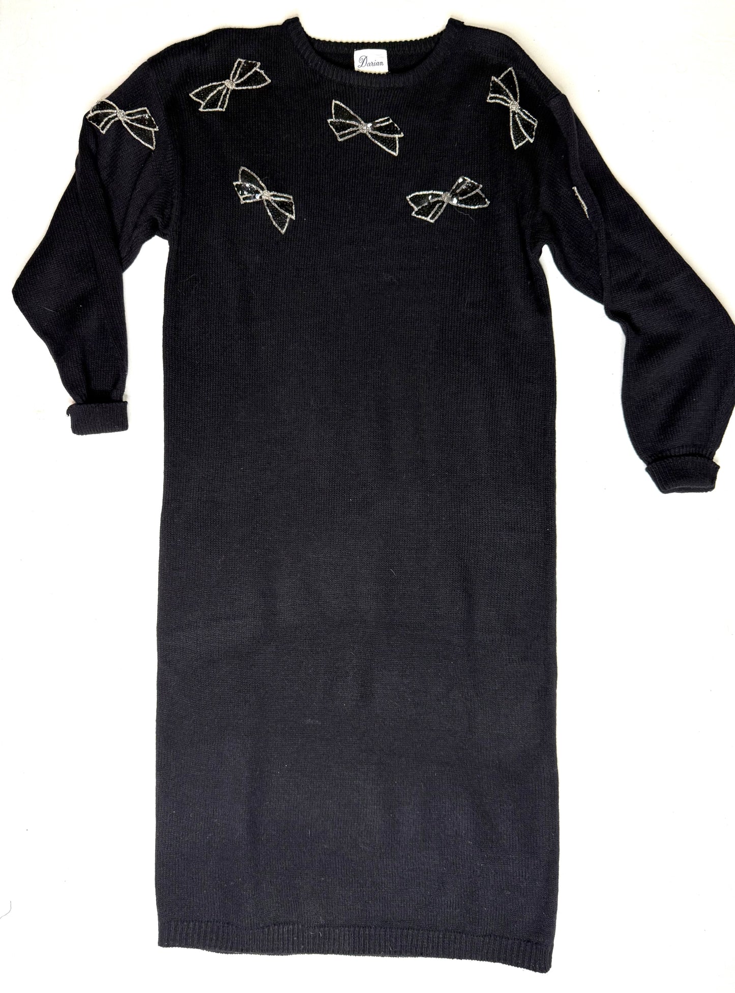 Vintage Darian Black Knit Sweater Dress w/ Silver Bow Appliqués | 1980s | Size Small