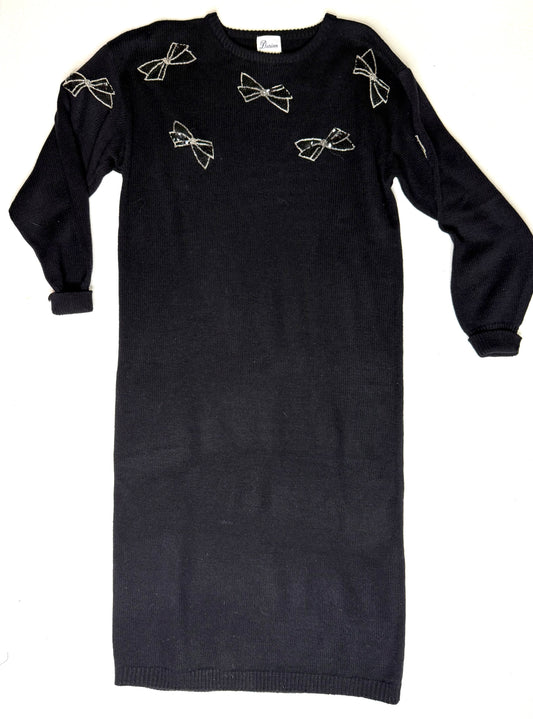 Vintage Darian Black Knit Sweater Dress w/ Silver Bow Appliqués | 1980s | Size Small