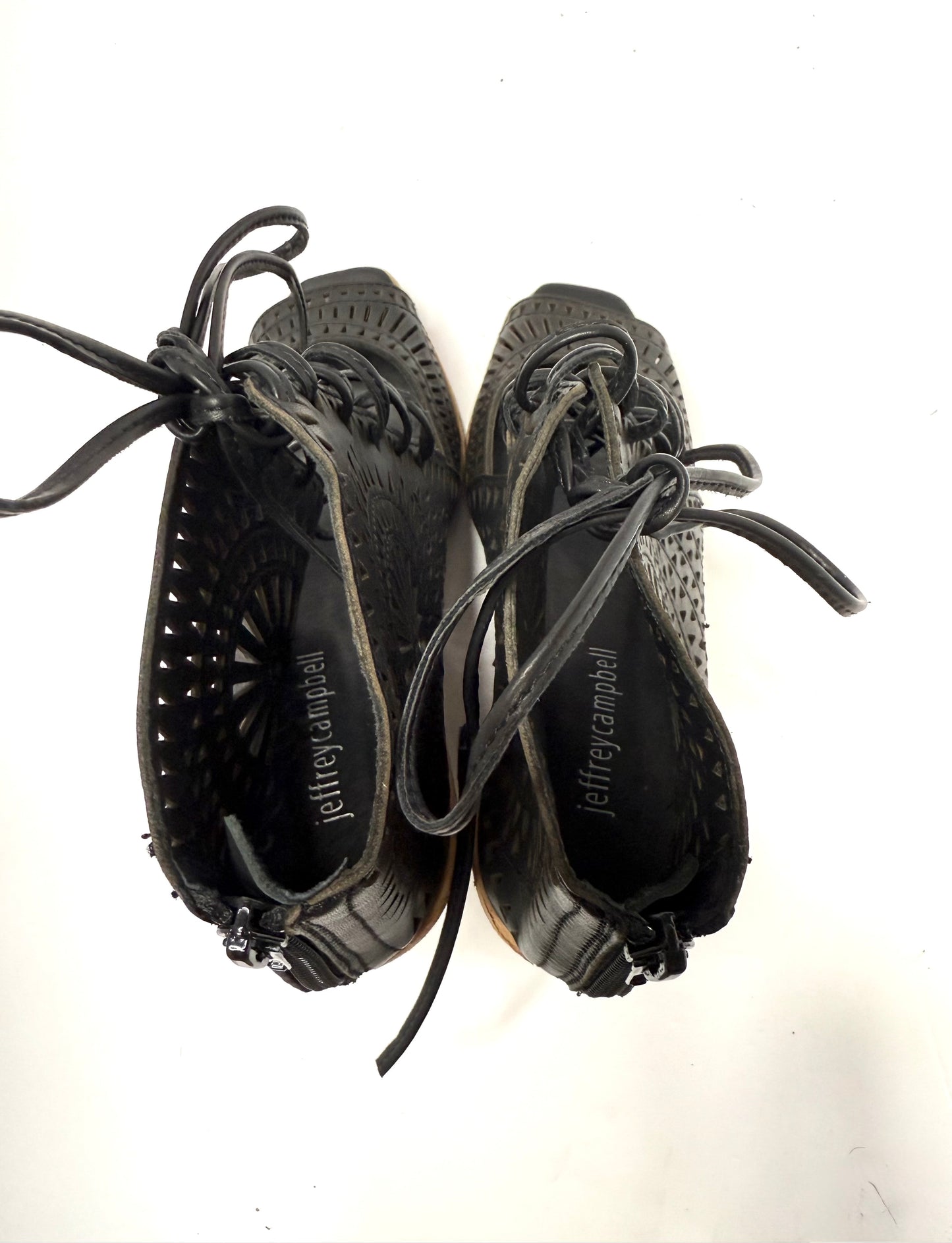 Jeffrey Campbell Boho Black Leather Peep Toe Wedges – Size 7.5 Lace-Up Cutout Sandals 3” Heel