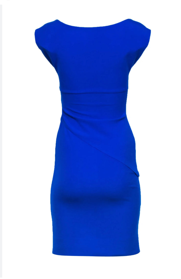 DVF Cobalt Blue Sheath Dress Size Small | V-Neck Ruched Waist | Side Zipper Closure