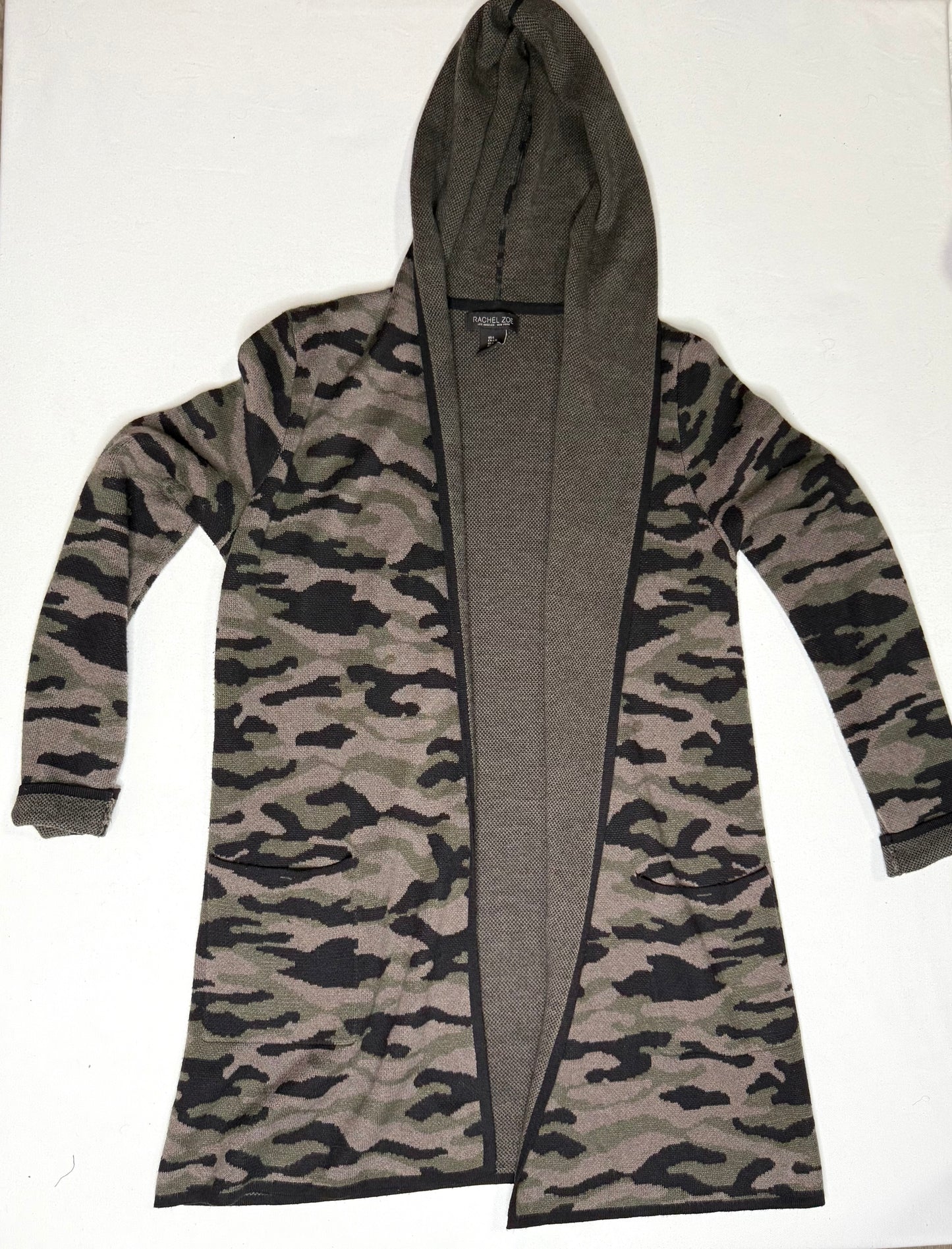 Rachel Zoe Camo Hooded Cardigan Sweater Green Brown Open Front Size Large