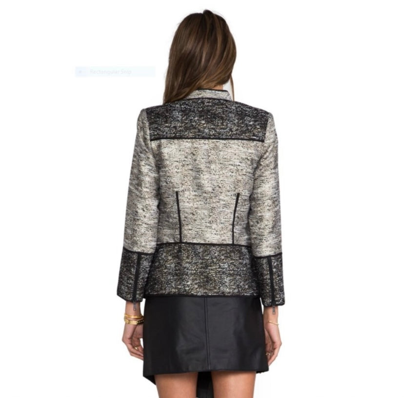 Rachel Zoe Davenport Metallic Tweed Jacket Size 4 | Designer Moto Blazer | Gold & Black Statement Outerwear