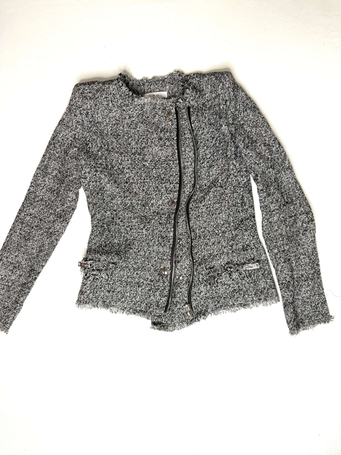 IRO Carlota Tweed Bouclé Asymmetrical Zip Jacket Gray Frayed Trim Size 36 (4)