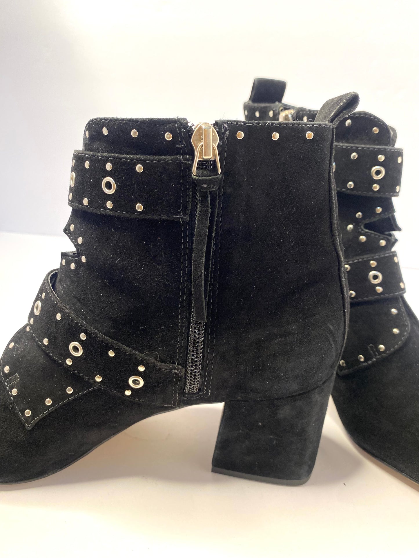R ebecca Minkoff Black Suede Ankle Boots – Size 8.5 – Silver Buckles