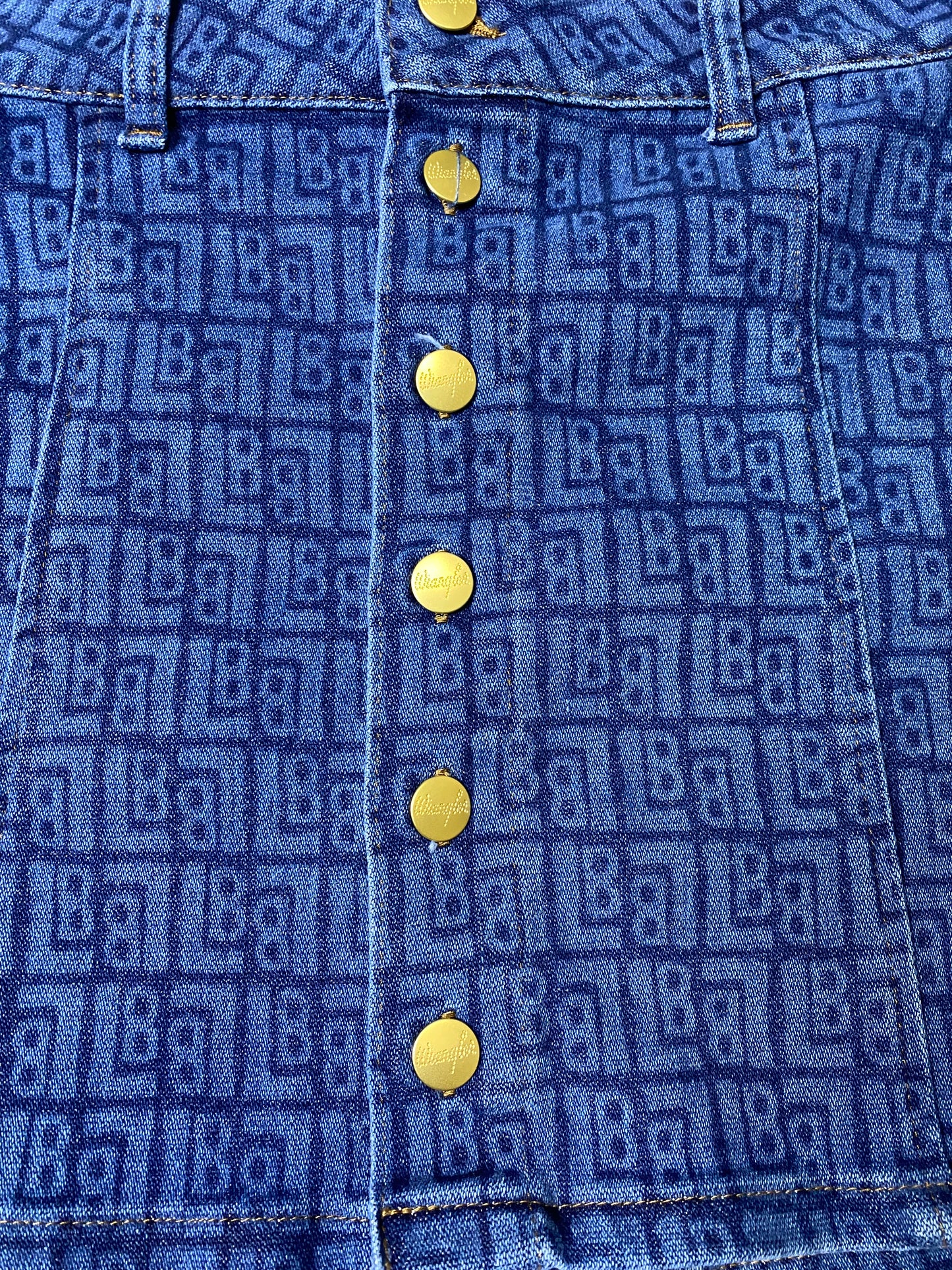 Leon Bridges for Wranglers A-Line Denim Skirt – Size Medium – LB Logo Print – Gold Button Front
