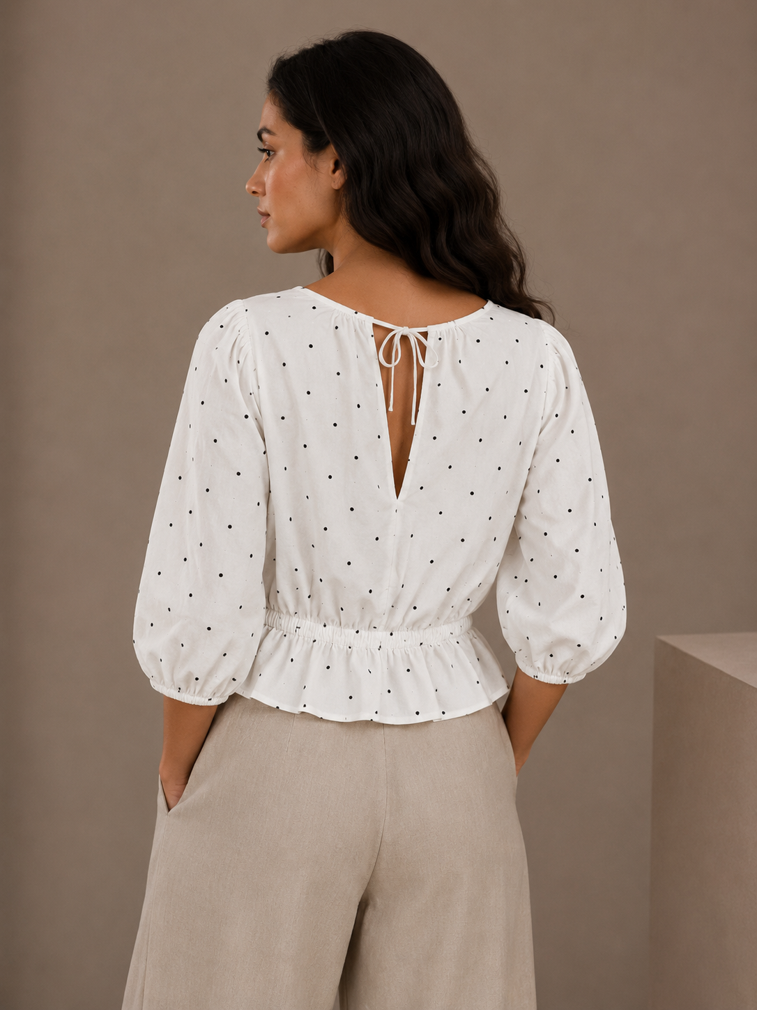 Miss Selfridge White Blouse w/ Black Polka Dots Long Sleeve Tie Back Top Size 2