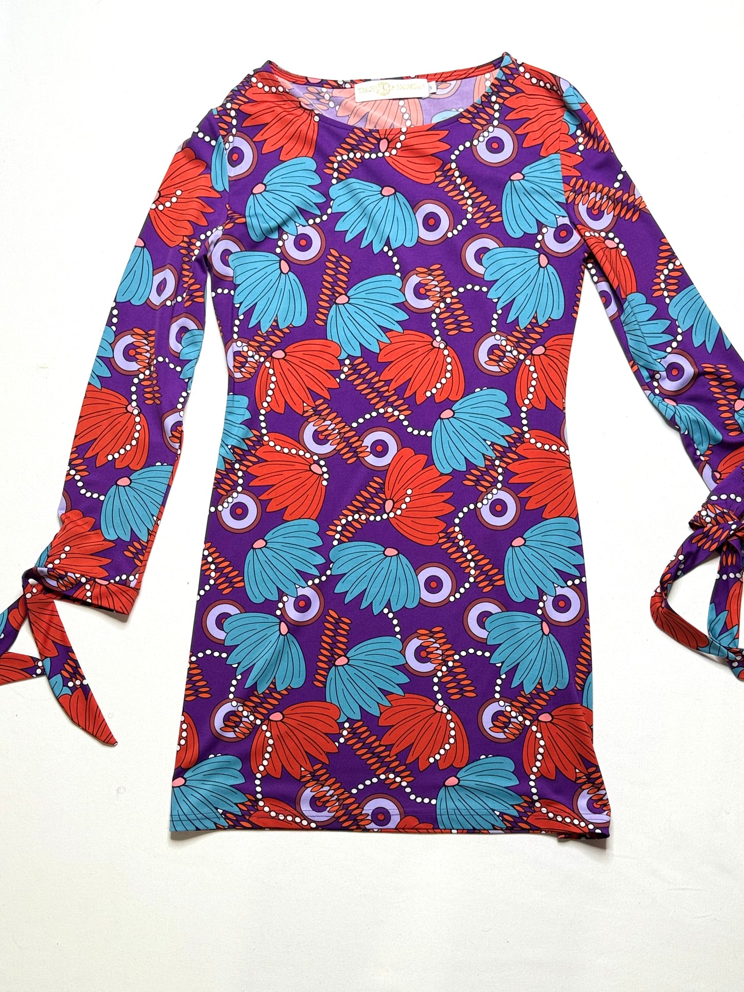 Tracey Negoshian Mod Print Mini Dress Multicolor Long Sleeve Size Small