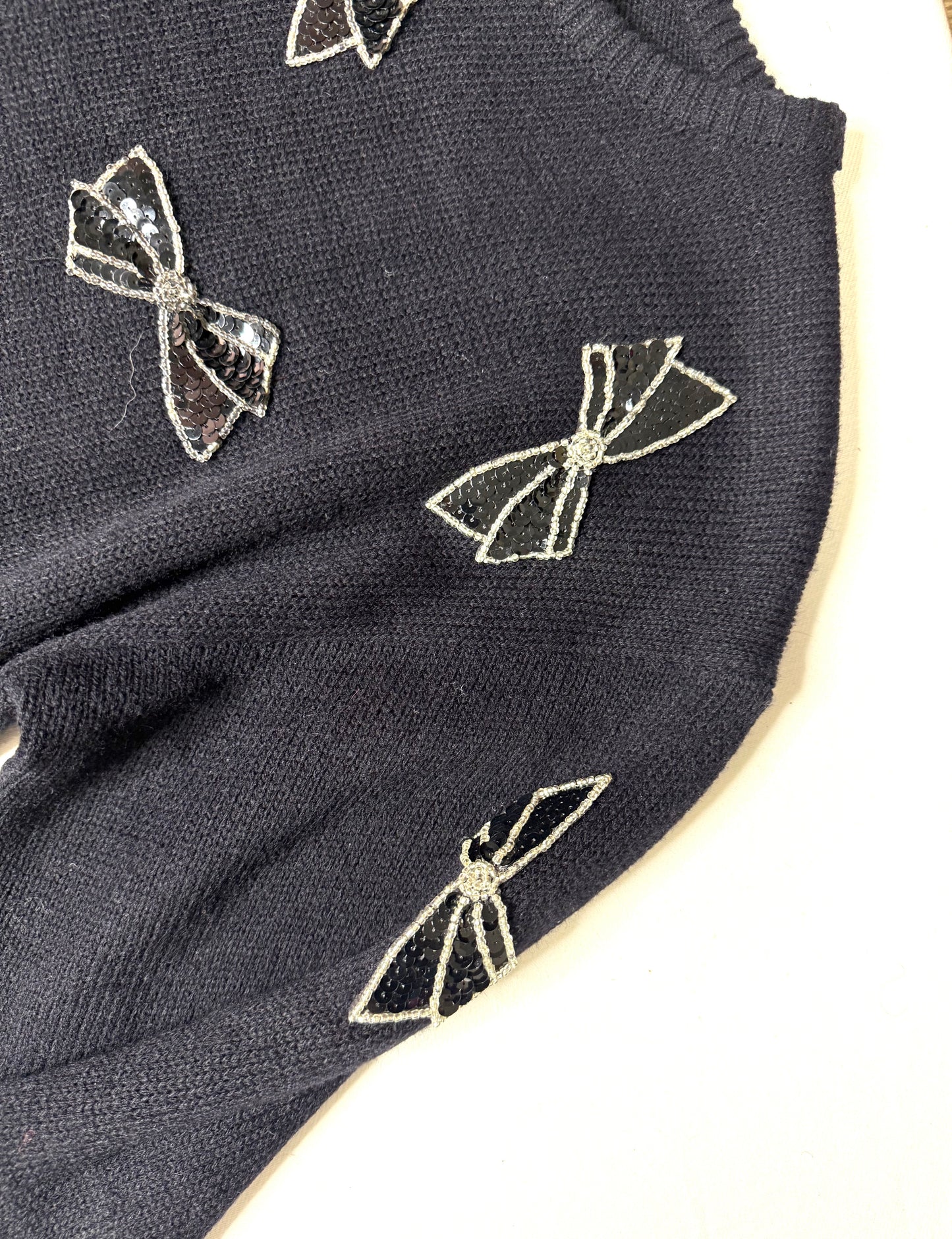 Vintage Darian Black Knit Sweater Dress w/ Silver Bow Appliqués | 1980s | Size Small