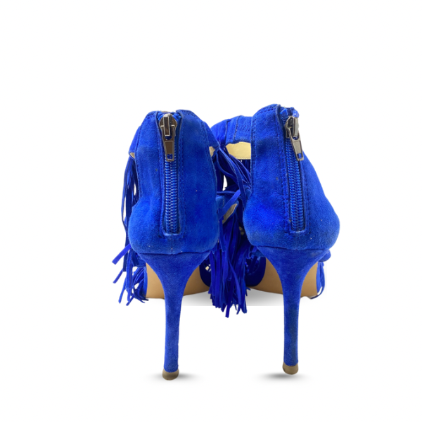 Steve Madden Blue Fringe Statement Heels – Size 7.5 – Ankle Strap – 3.5” Heel