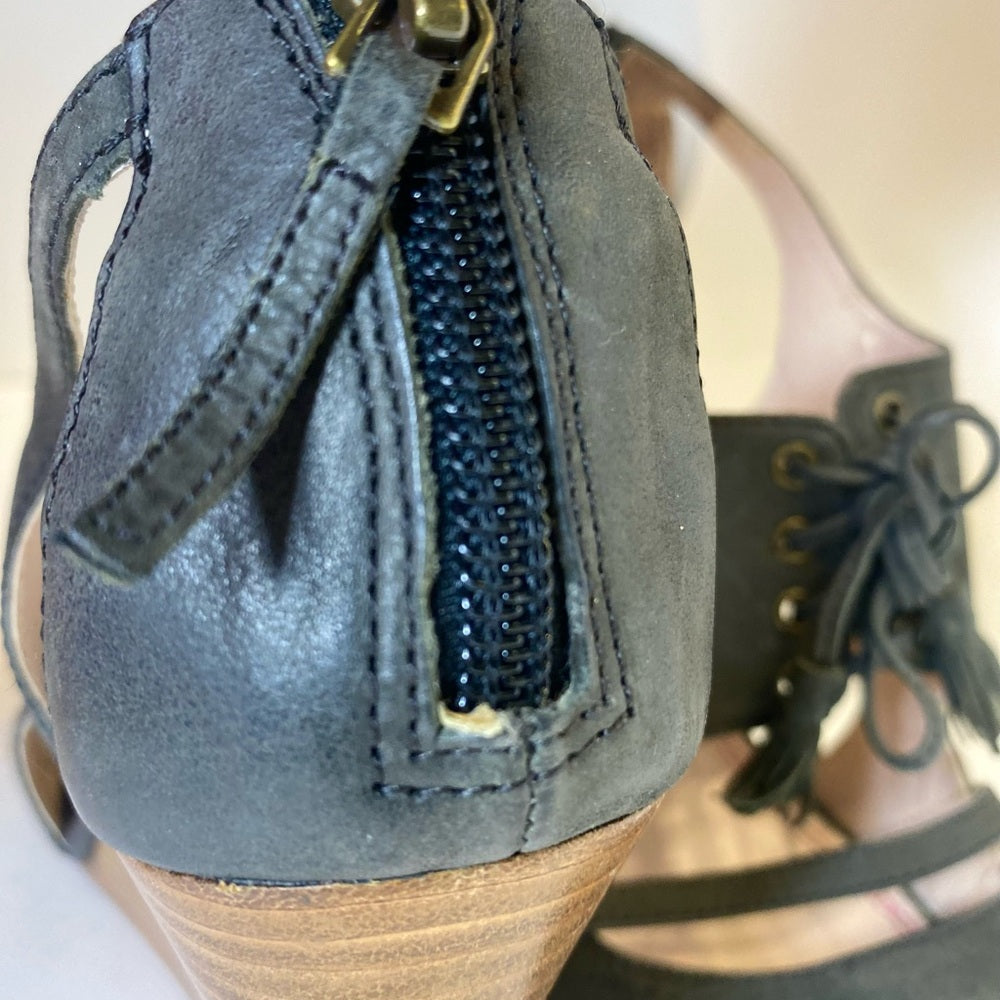 Plenty Tracy Reese Belle Charcoal Wedge Peep Toe Lace Up Shoes Size EU 38 US 7.5