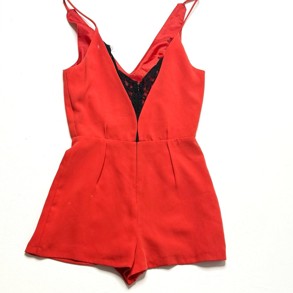 Topshop Red Spaghetti Strap Lace Trim V-Neck Shorts Romper Size 2