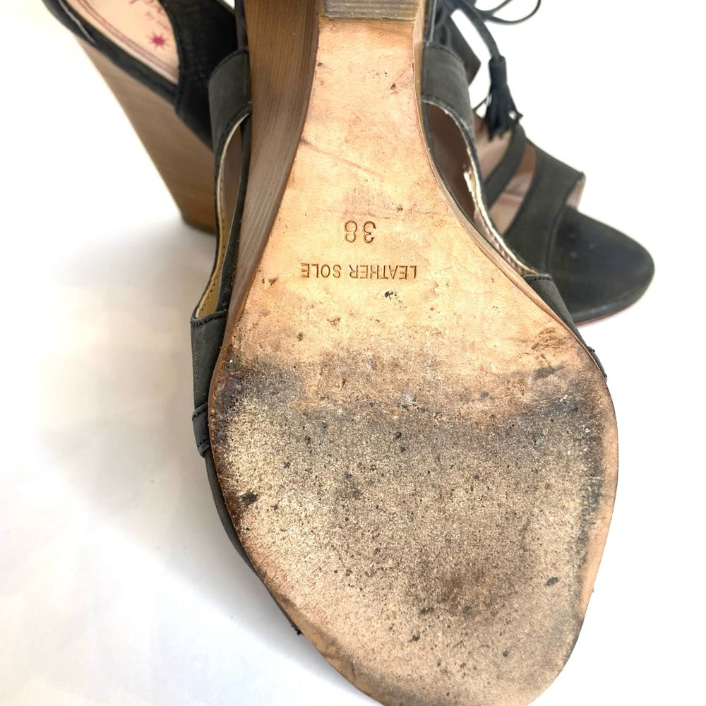 Plenty Tracy Reese Belle Charcoal Wedge Peep Toe Lace Up Shoes Size EU 38 US 7.5