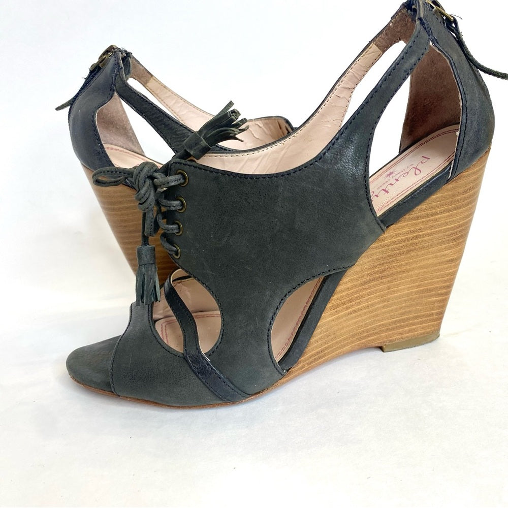 Plenty Tracy Reese Belle Charcoal Wedge Peep Toe Lace Up Shoes Size EU 38 US 7.5