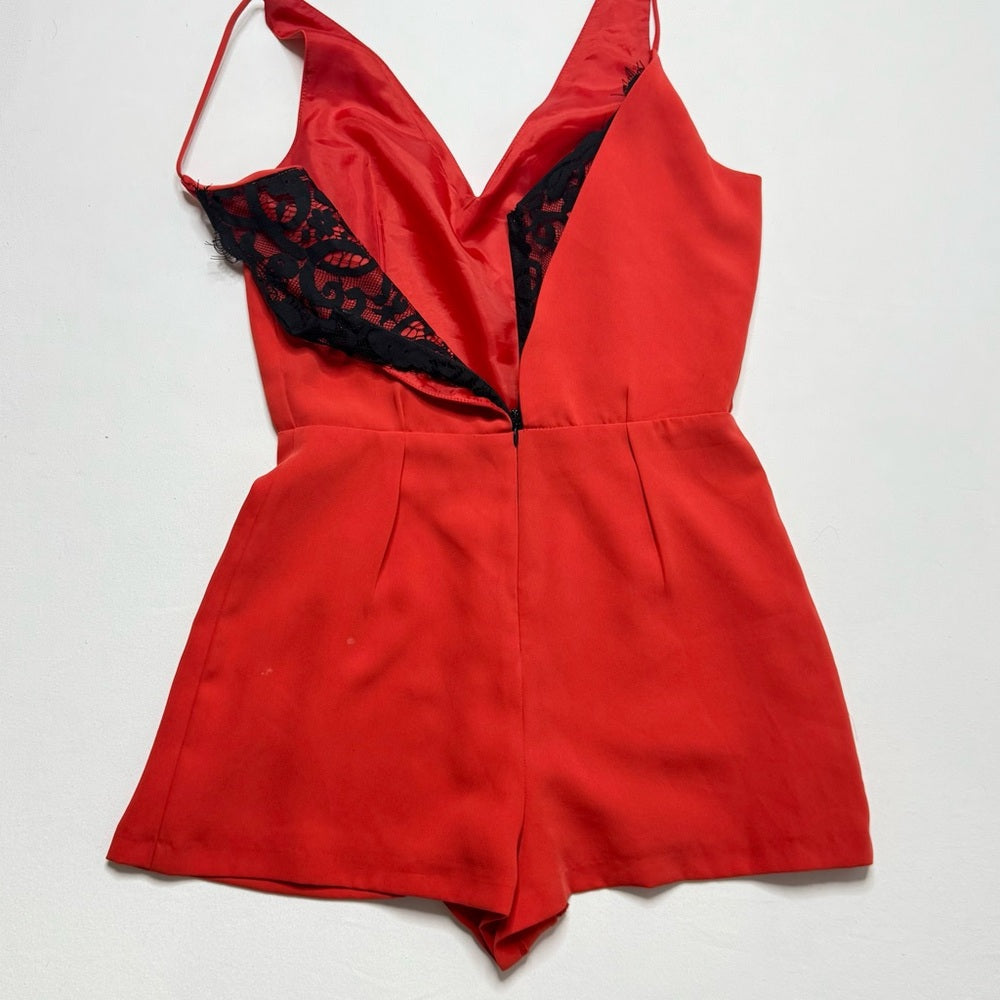 Topshop Red Spaghetti Strap Lace Trim V-Neck Shorts Romper Size 2