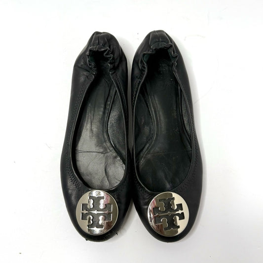 Tory Burch Black Leather Flats with Silver Logo Size 8.5