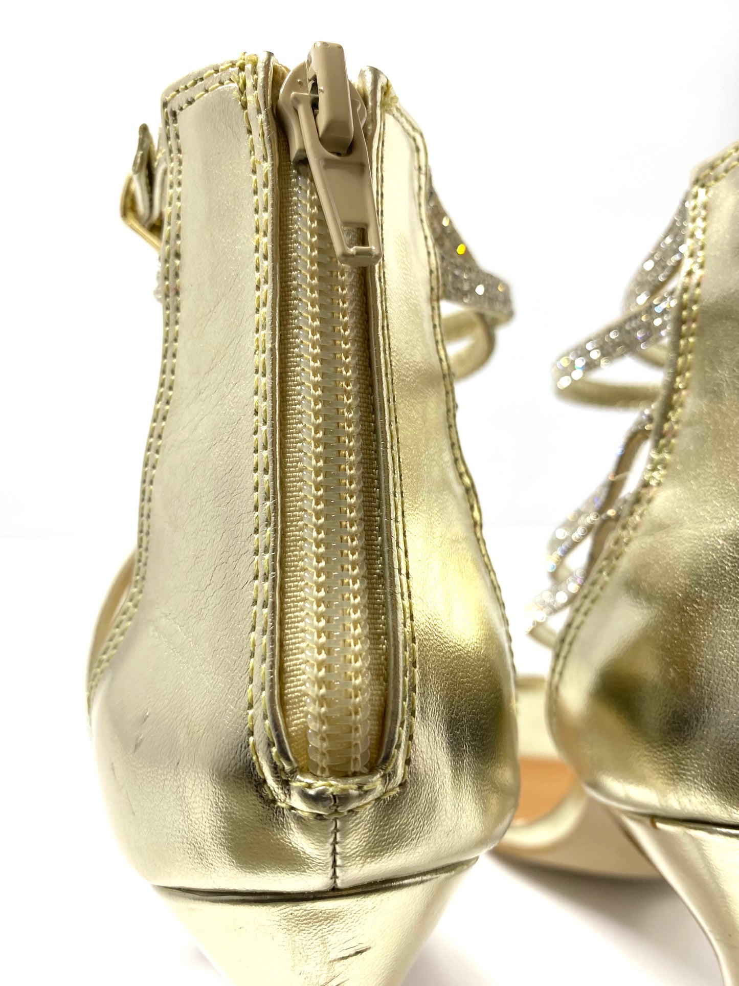 Steve Madden Gold Rhinestone Embellished Stiletto Heels – Size 8 – Open Toe – 4” Heel