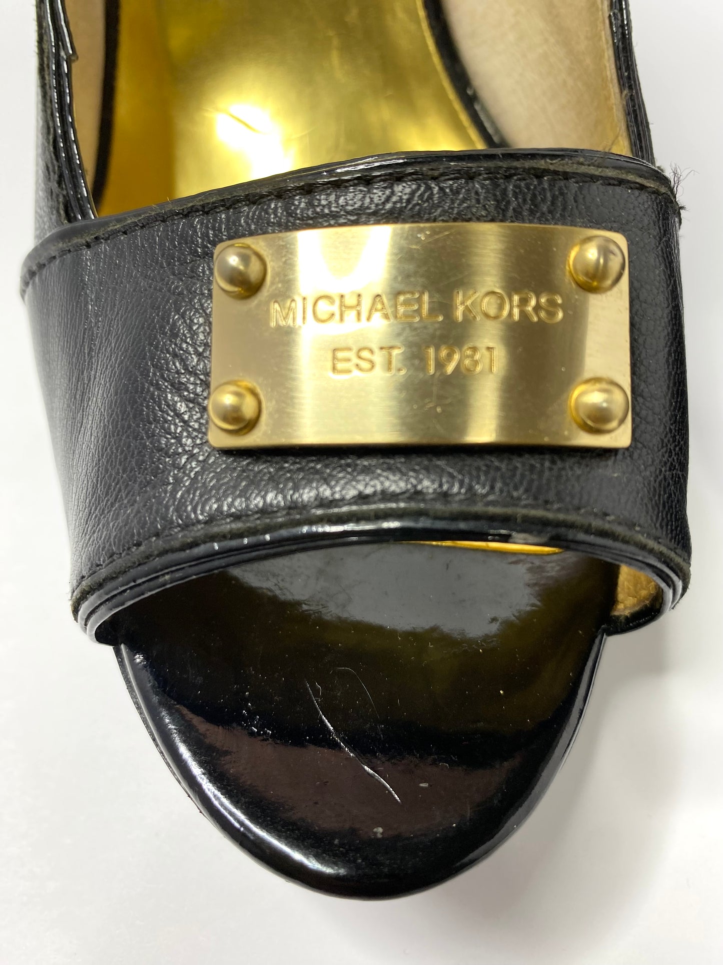 Michael Kors Black Leather Open-Toe Pumps – Size 11 – Gold Logo Plate – 3.75” Heel – Classic Style