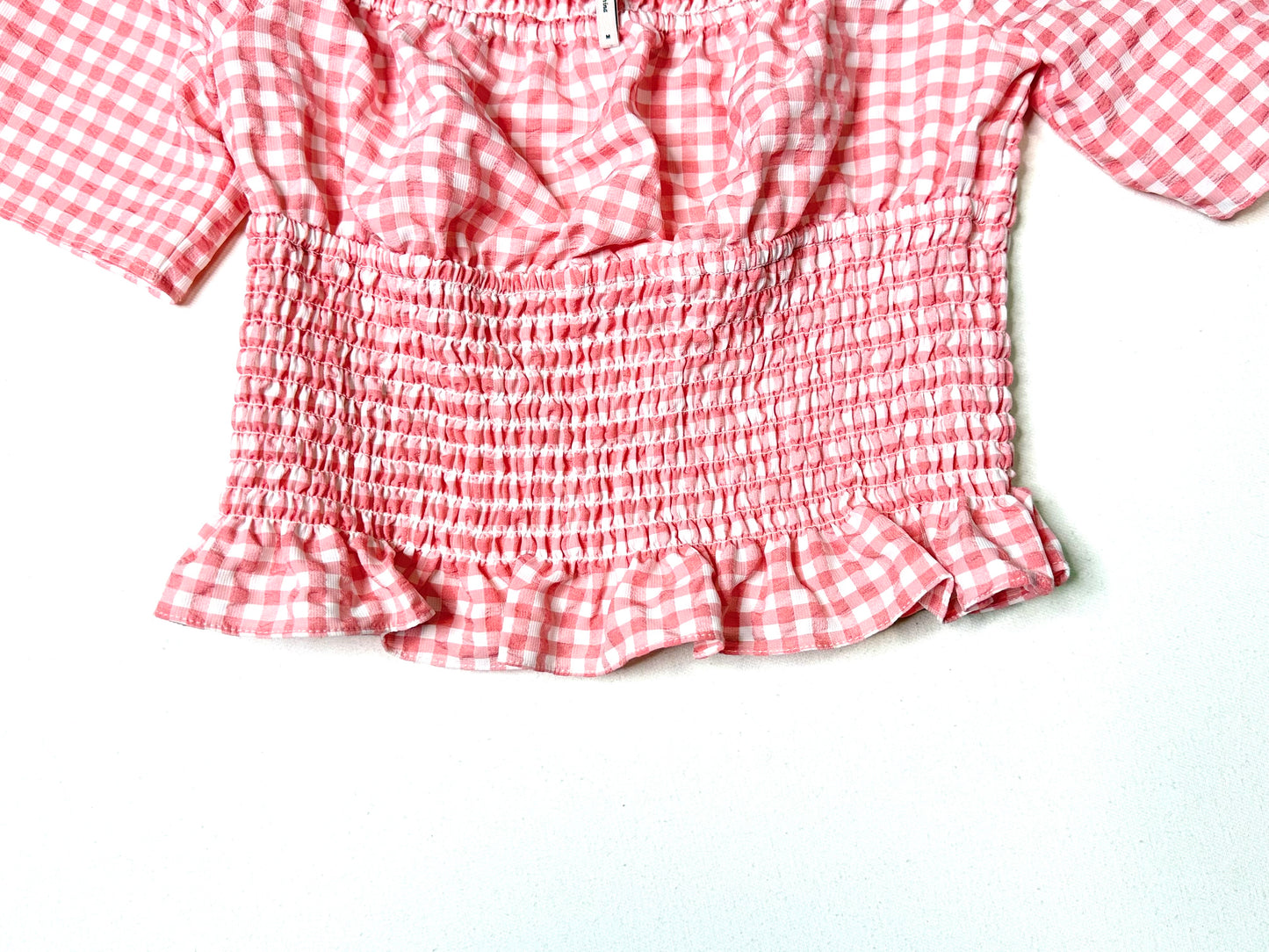 BCBGeneration Pink Gingham Smocked Crop Top Puff Sleeve Women’s Size M