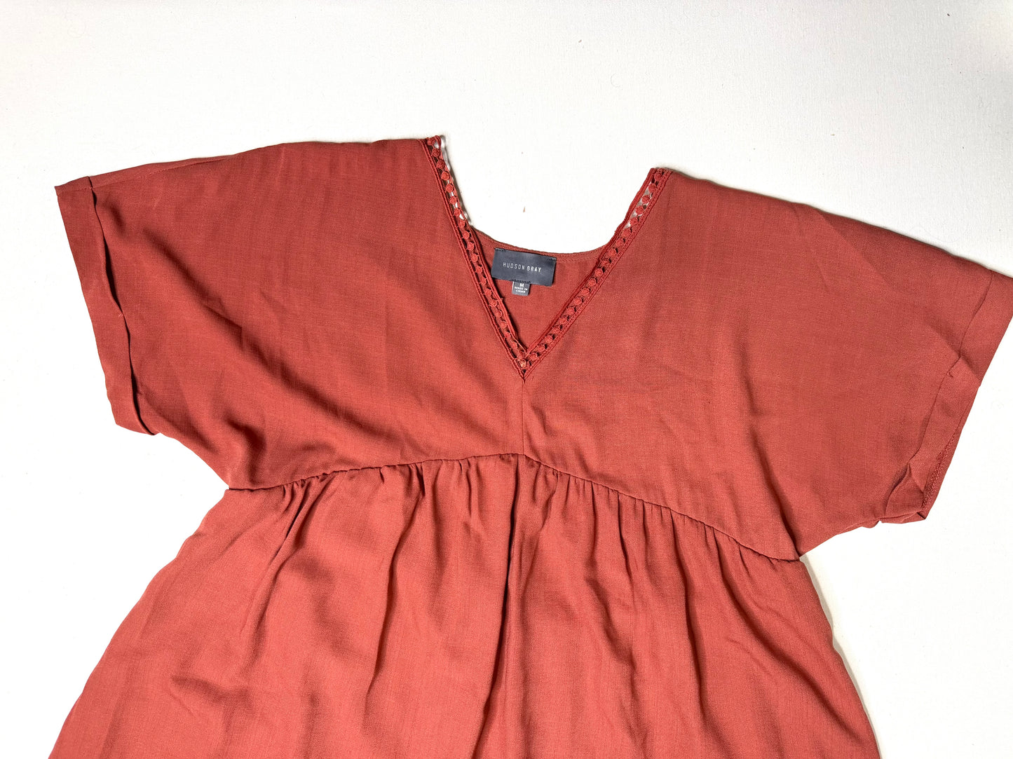 Hudson Gray Rust Orange Babydoll Dress Medium Boho V Neck Short Sleeve Mini Shift Dress