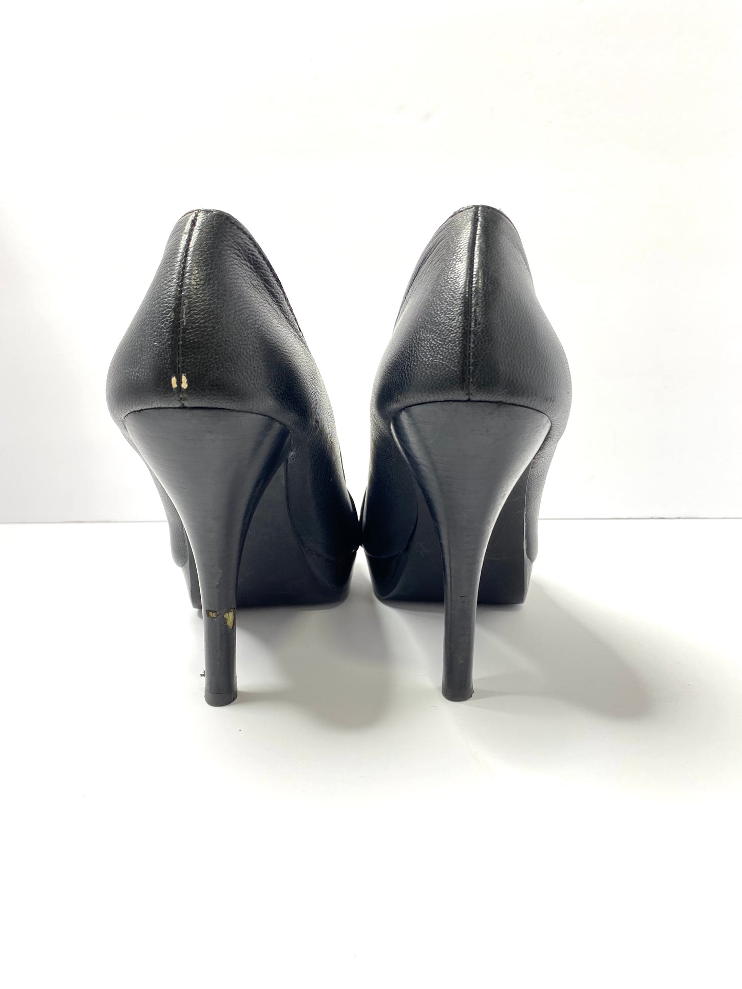 Michael Kors Black Leather Open-Toe Pumps – Size 11 – Gold Logo Plate – 3.75” Heel – Classic Style