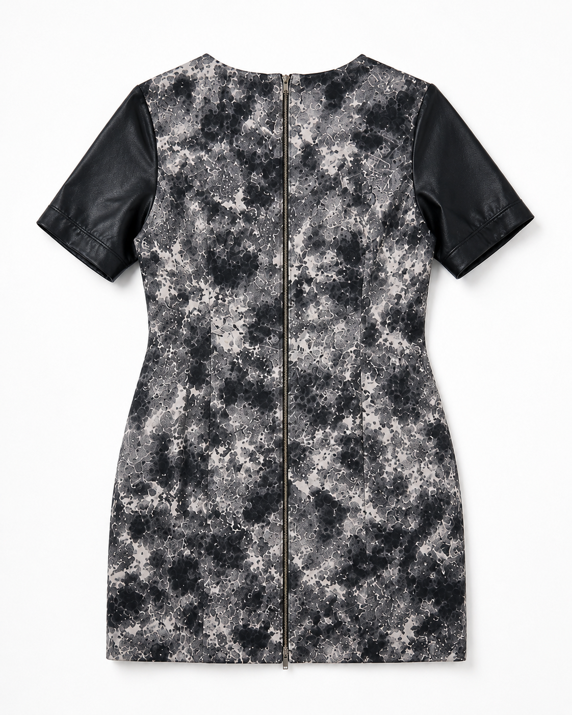 Cut25 by Yigal Azrouël Faux Leather Sleeve Bodycon Dress XS Gray Abstract Print Mini Dress
