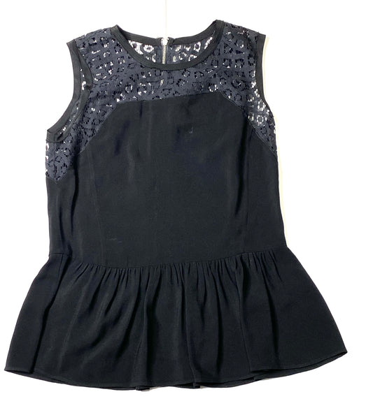 Rebecca Taylor Black Sleeveless Peplum Blouse with Lace Detail – Size 0