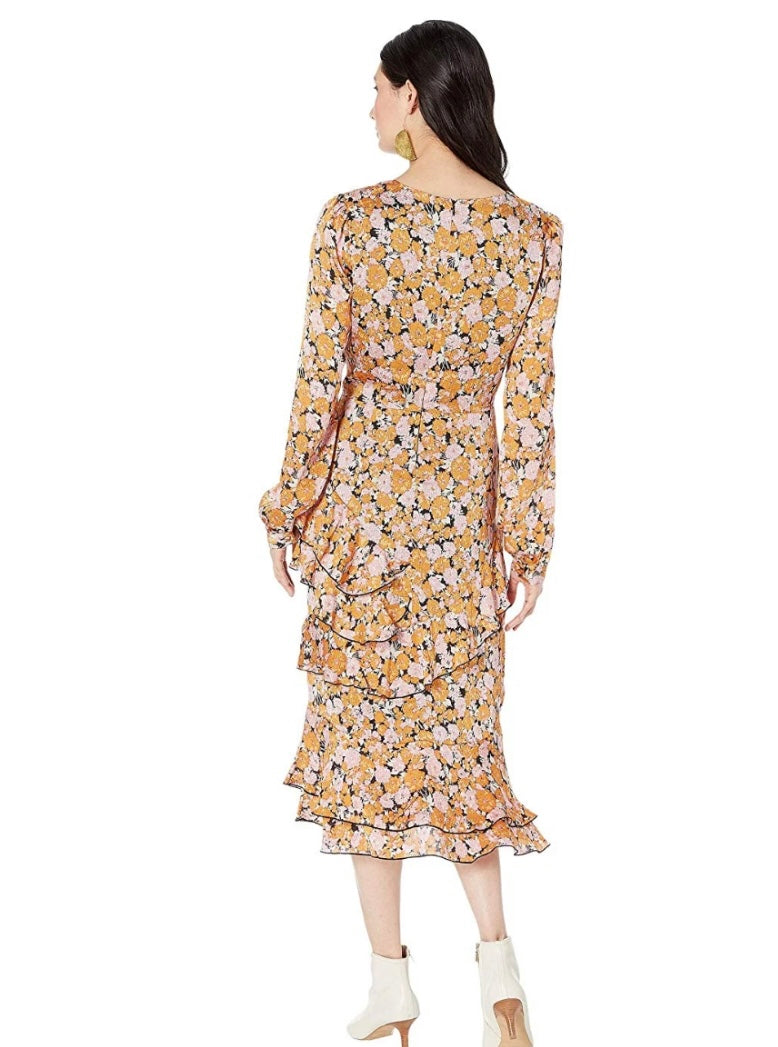 WAYF Floral Tiered V-Neck Dress Size Small – Long Sleeve Lined Midi Dress