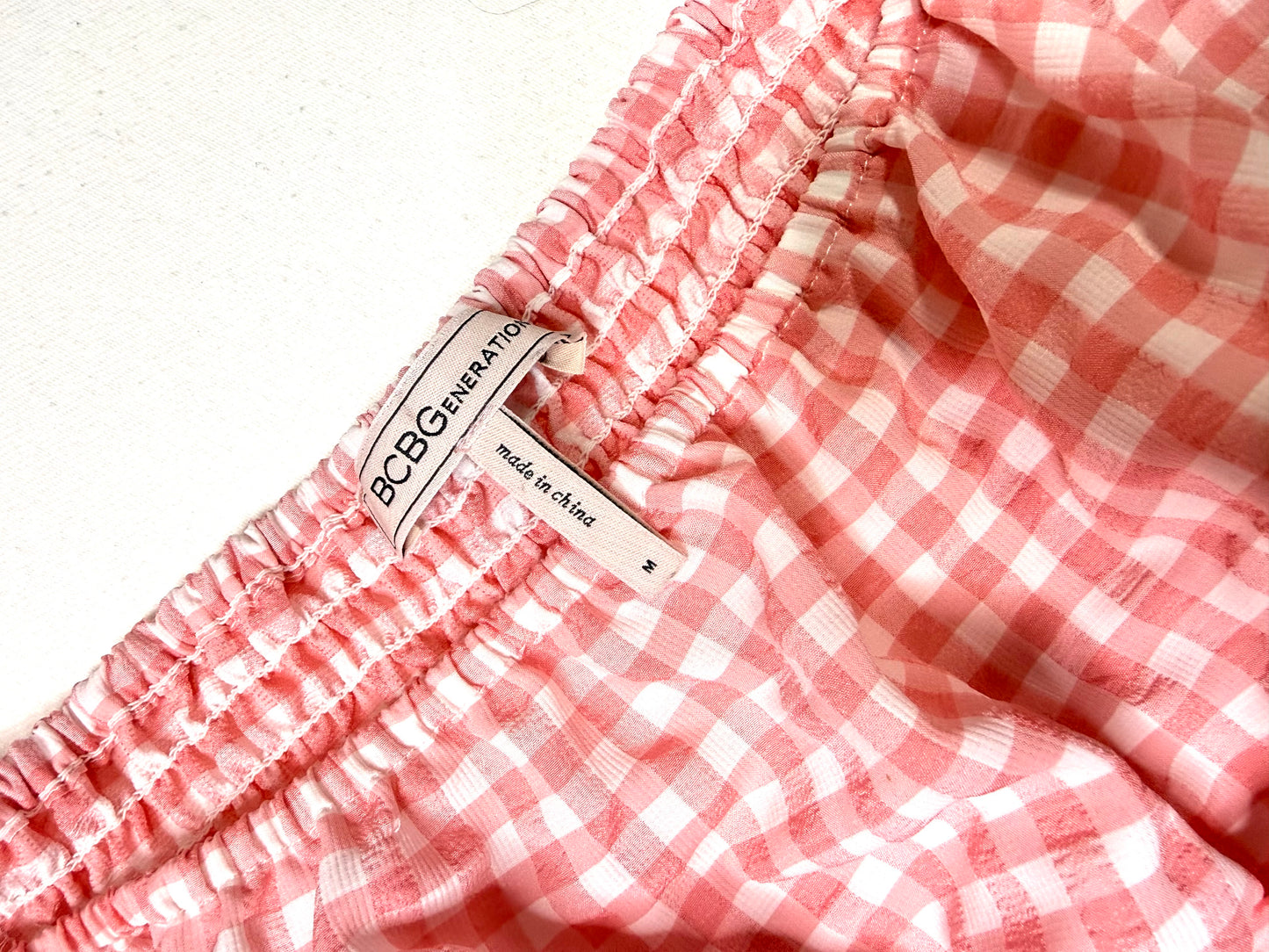 BCBGeneration Pink Gingham Smocked Crop Top Puff Sleeve Women’s Size M