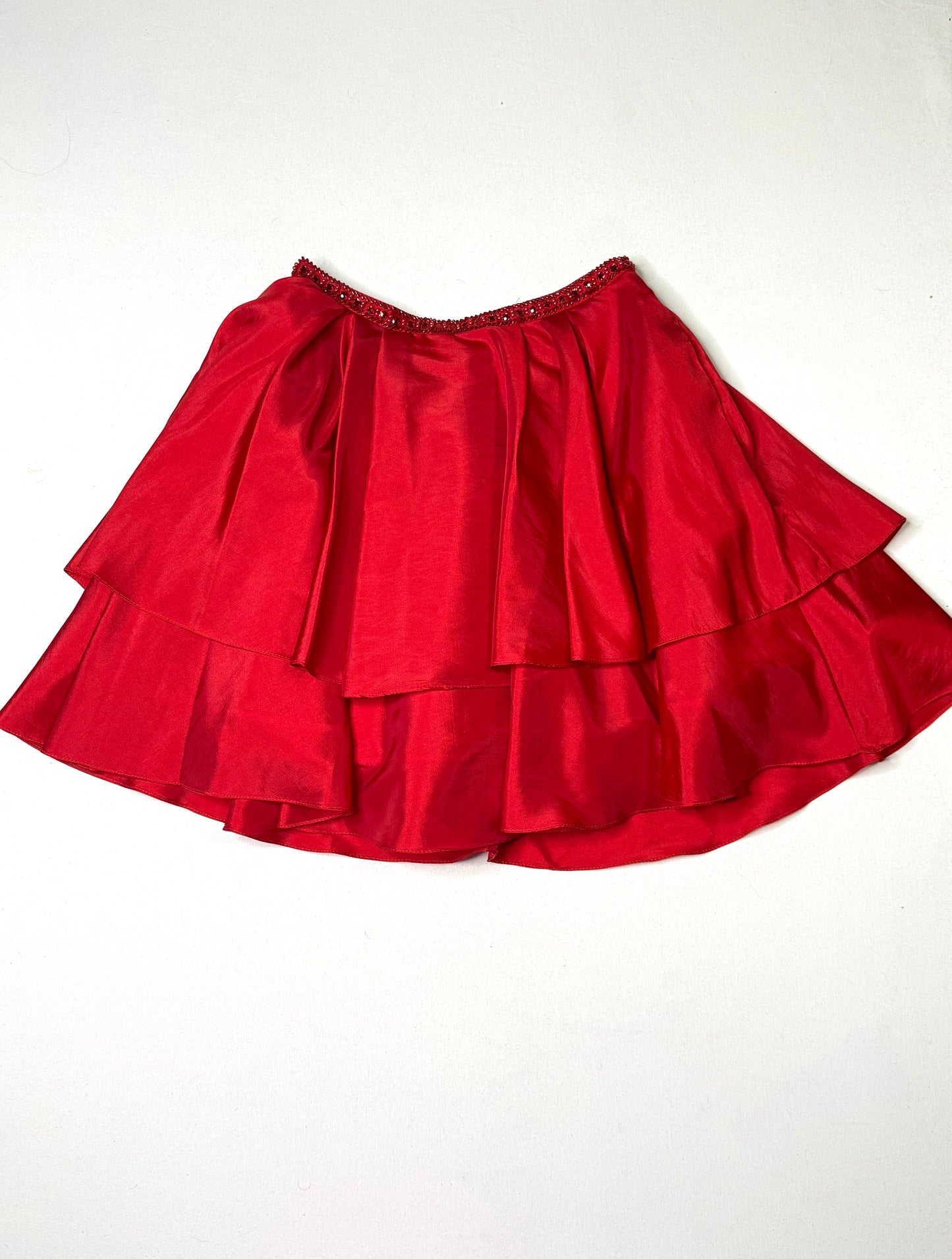 Rachel Allan Red Satin Ruffle Skirt Beaded Waist Formal Prom Party Mini Skirt Size 4